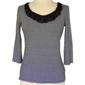 White House Black Market Black & White Stripe, 3/4 sleeve, Ruffle Trim T-Shirt M